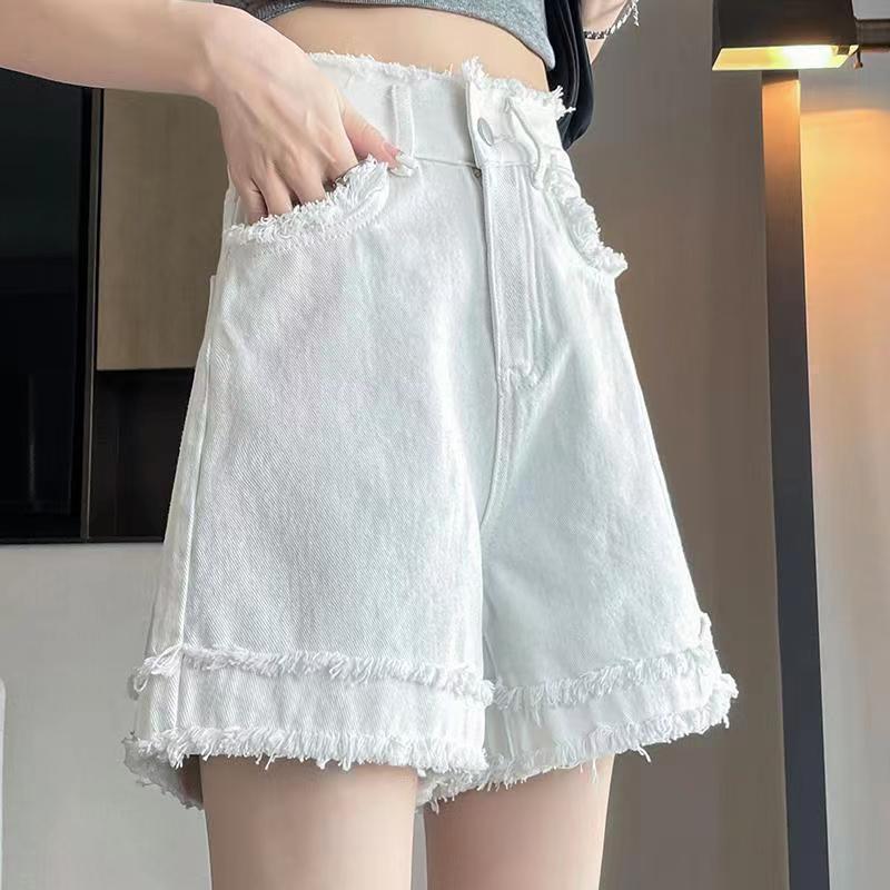 White Rough-edged High-waisted Denim Shorts for Women s Summer Thin Versatile Thin Small White A-word Hot Pants High Waist Frayed Edge Denim Shorts S
