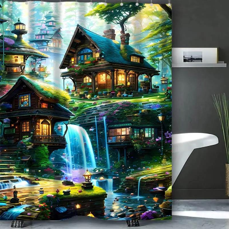 Dream View Cottage Bathing Curtain Bathroom Shower Curtain Waterproof With 12 Hooks Home Deco Free Ship