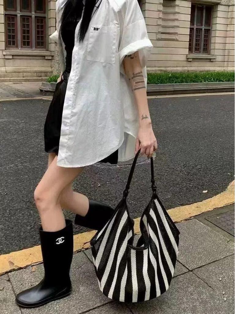 Niche Striped Woven Women's Shoulder Tote – Large Capacity, Casual Style