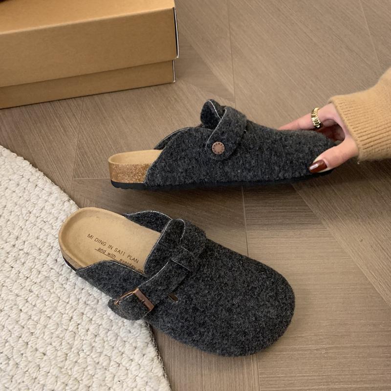 Fashion Woman's Fleece Felt Mule Clogs Closed Toe Real Soft Cork Footbed Slide Slippers Ladies Winter Warm Plush Birken Sandals