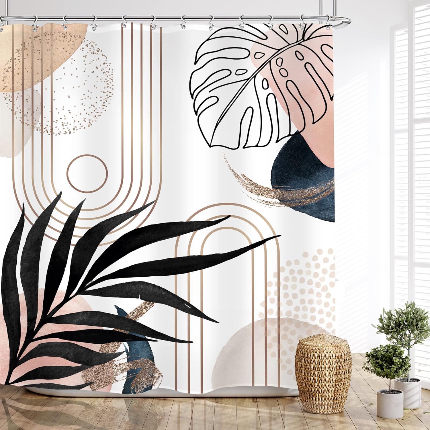 

Japanese Shower Curtain Boho Cherry Blossom Mid Century Abstract Asian Mountain Sun Nature Landscape Bathroom Modern Arch W60H190(CM)-1 Pcs