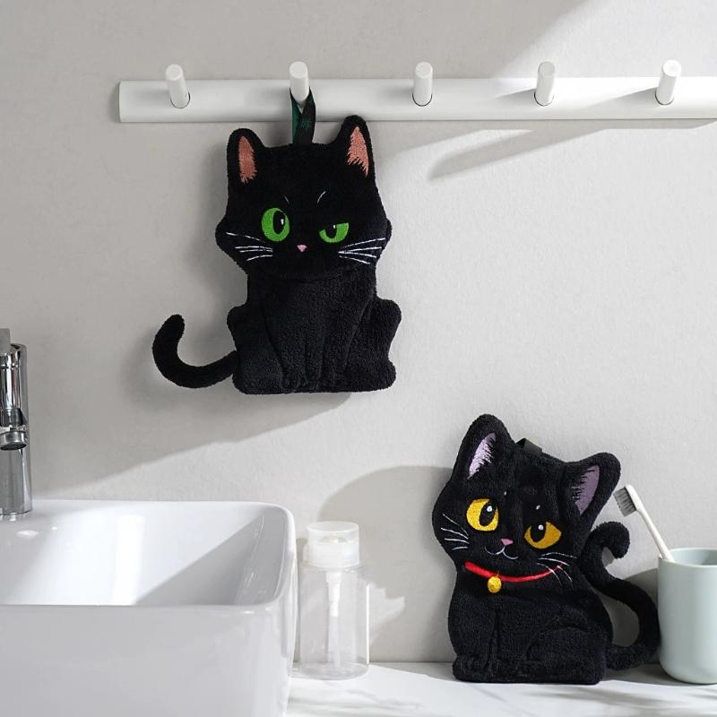 Cartoon Black Cat Hand Towel Animals Shape Absorbent Hand Cloth Kitchen Cleaning Wipe Cloth Kid Bathroom Hanging Towel
