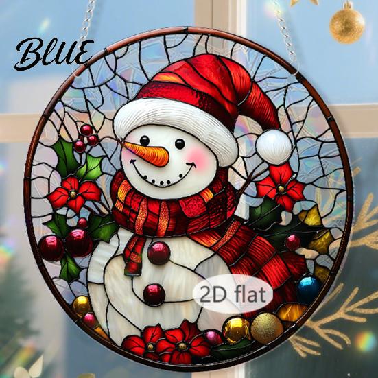 Christmas Window Decorations Acrylic Hanging Decor 2D Holographic Stained Glass Art Vintage Style Holiday Ornament with Metal Chain Double-sided