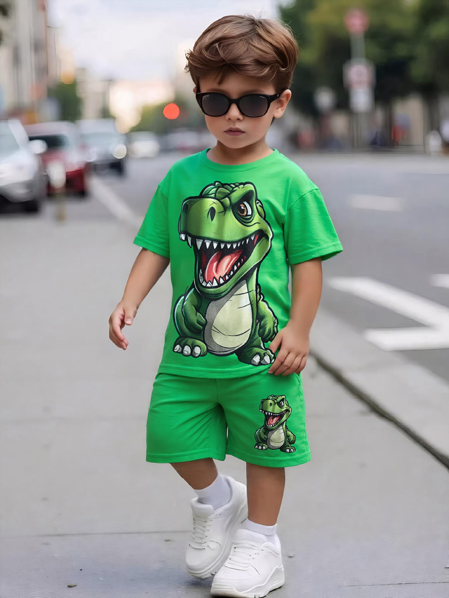 

2025 Kids 3D Dinosaur Sports Print Short Sleeve Set 110 cm зелений