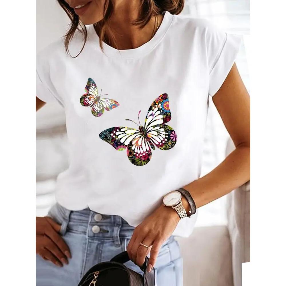 

Лето 2025 Женская одежда Стиль Тренд Принт Футболка Мода Короткий рукав Милая Повседневная одежда XS