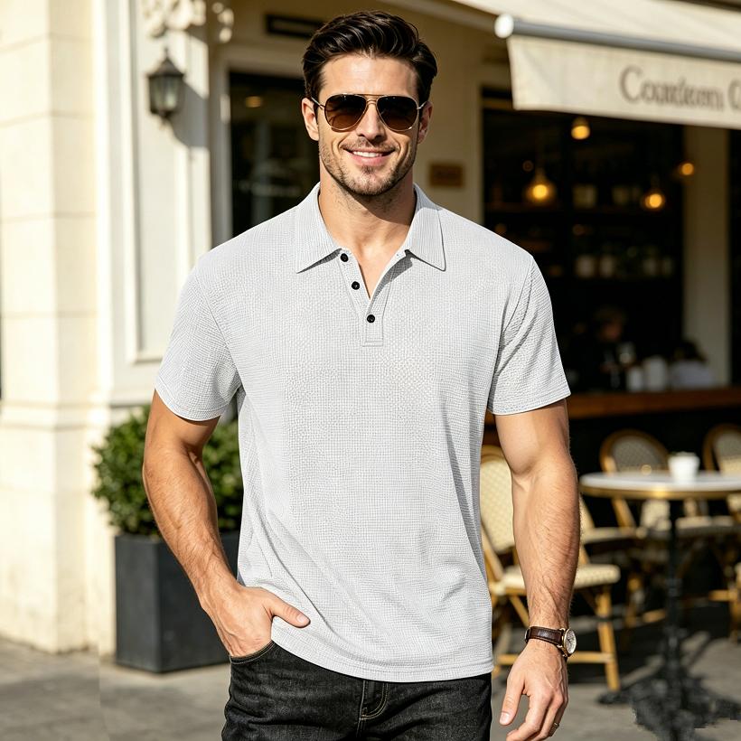 New Men's Business Casual Short Sleeved Bone Flower Solid Color POLO Shirt Fashion Breathable Comfortable Summer Versatile Top