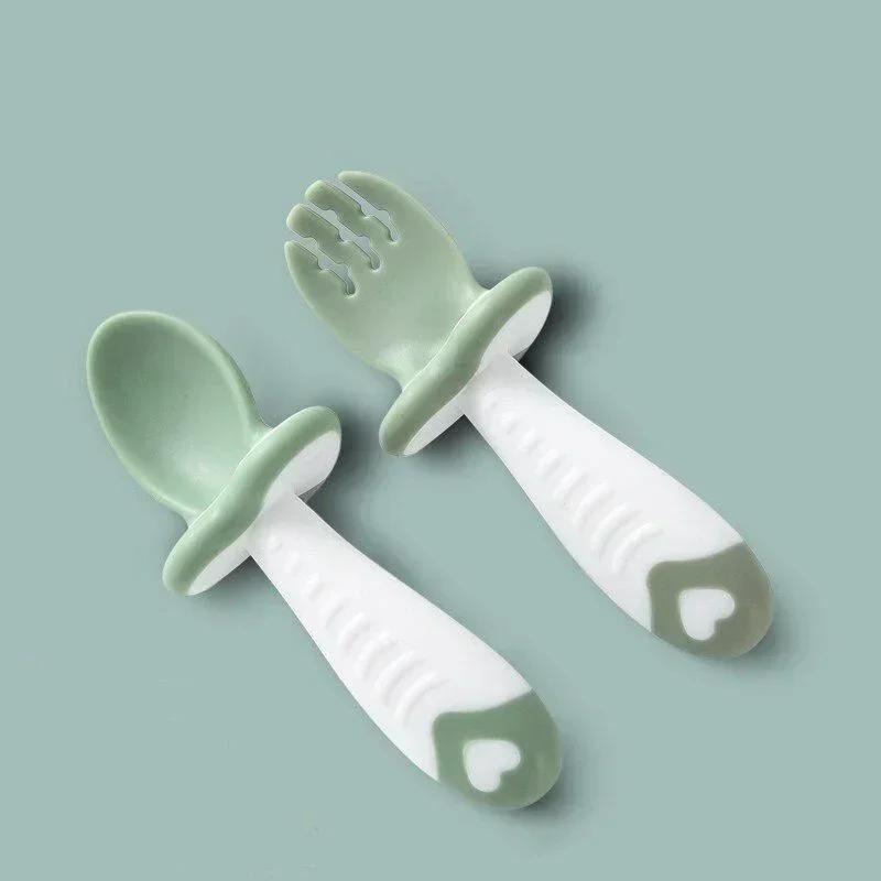 1 Set Baby Spoon Fork Silicone Children's Tableware Set Feeding Baby Tableware Learning Spoon Set Short Simple Spoon