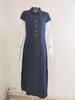 Maxi abito in denim stile europeo americano, casual, con colletto a camicia, gonna svasata con tasche a fessura