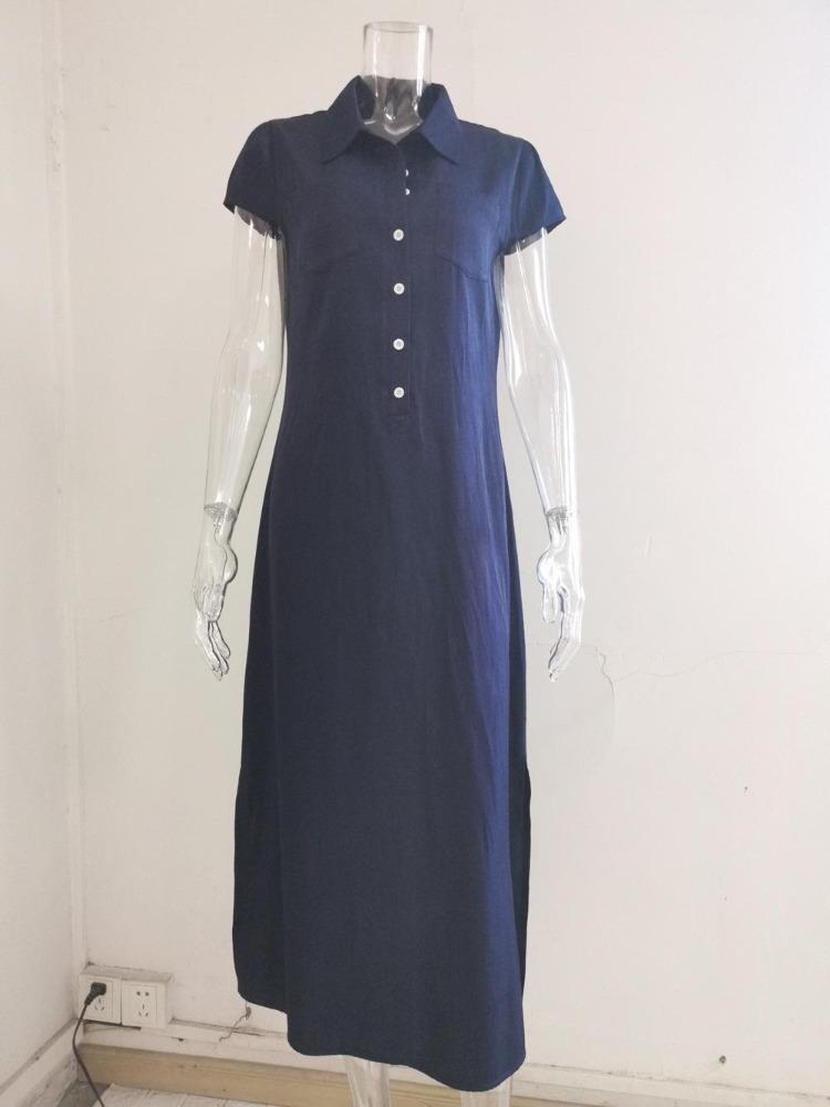 Maxi abito in denim stile europeo americano, casual, con colletto a camicia, gonna svasata con tasche a fessura