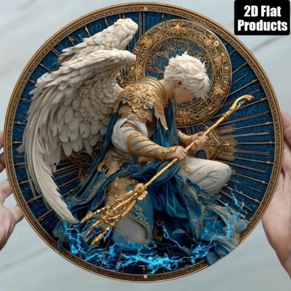 Metal Wall Poster Vintage Angel Warrior 8x8 Round Rustproof Decor for Kitchen Home Garage