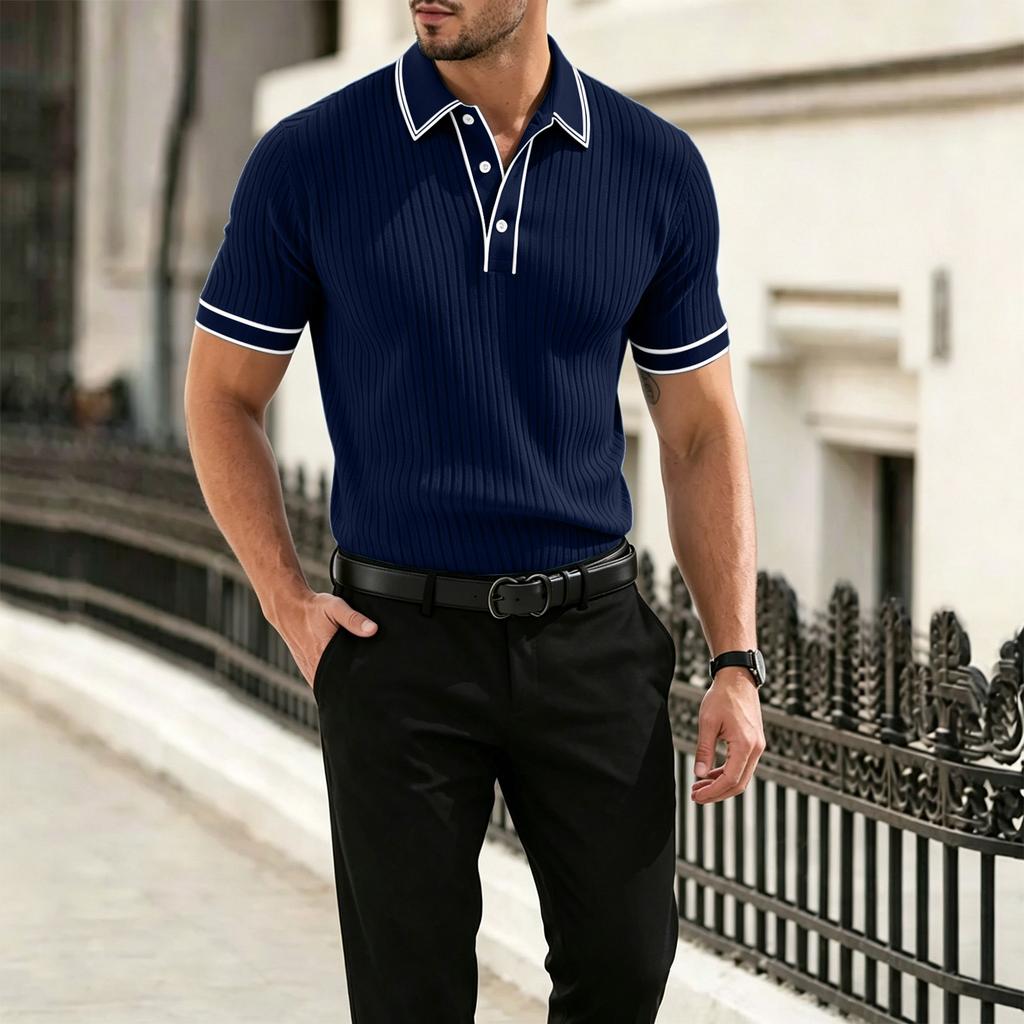 Men Short Sleeve Polo Shirt Trim Ribbed Knit Button Down Collared Casual Top for Summer Daily Wear Office