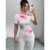 Women's Asymmetric Off Shoulder Short Sleeve Floral Print Slim Fit Irregular Hem Crop Top Casual T Shirt