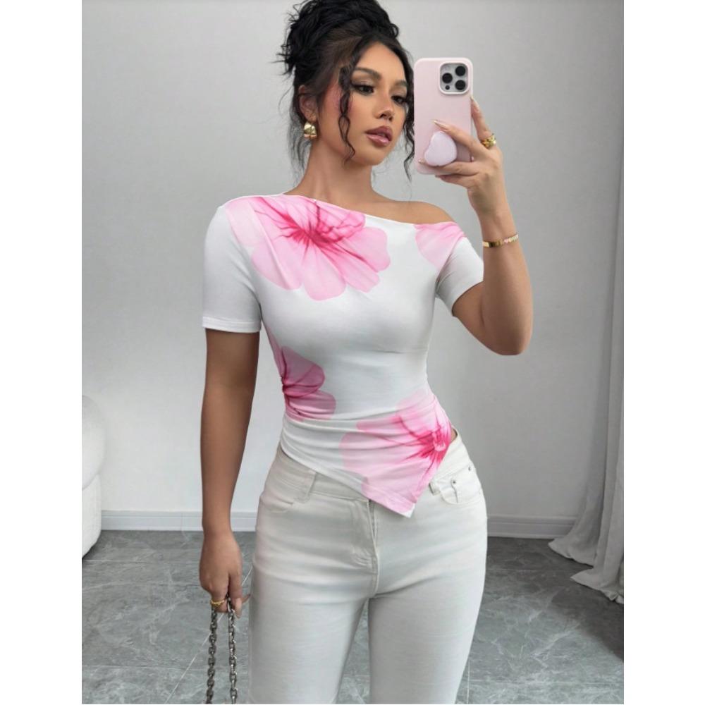 Women s Asymmetric Off Shoulder Short Sleeve Floral Print Slim Fit Irregular Hem Crop Top Casual T Shirt S розовый