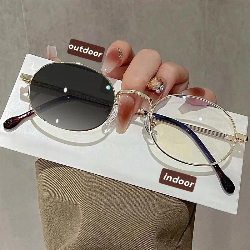 New Retro Oval Photochromic Women'S Myopia Glasses Ultra Light Neutral Luxurious Gray To Tea Lenses Anti Blue Light Glasses