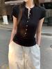 Spice Girl Henry Collar Button Shoulder T-Shirt Women's Summer Waist Skinny Top Versatile Solid Color Short Sleeves