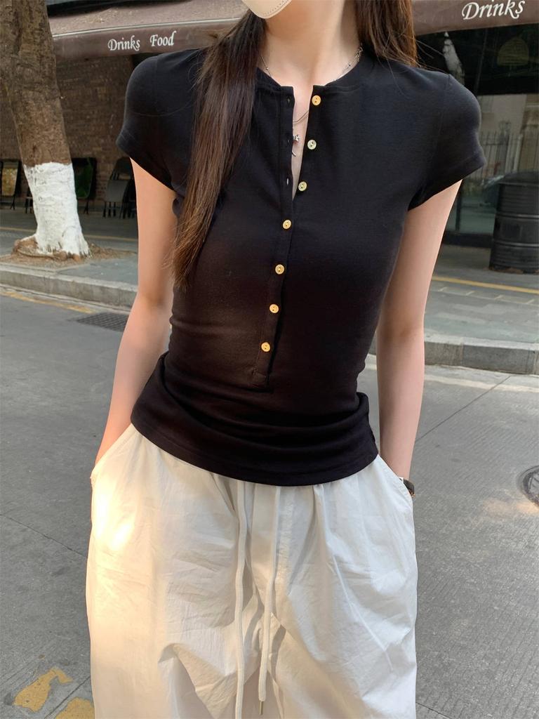 Spice Girl Henry Collar Button Shoulder T-Shirt Women's Summer Waist Skinny Top Versatile Solid Color Short Sleeves