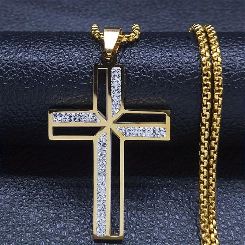 New Men's Stainless Steel Cross Necklace with Diamonds, Vacuum Plating, Non-fading Hip-hop Accessories