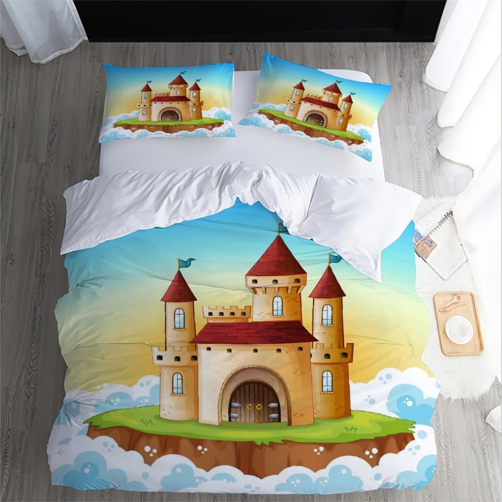 Castle Cartoon Duvet Cover, Soft Microfiber Bedding Set With Zipper Closure, 3D Castle Comforter Cover With Pillowcases