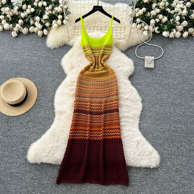 Summer Women Spaghetti Strap Striped Knitted Sweater Long Maxi Holiday Dresses