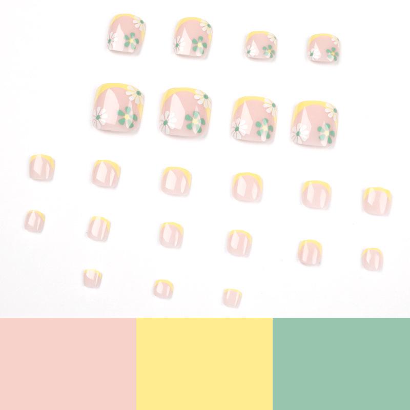 Yellow-Edged French Pedicure Nail Stickers with White & Green Flowers