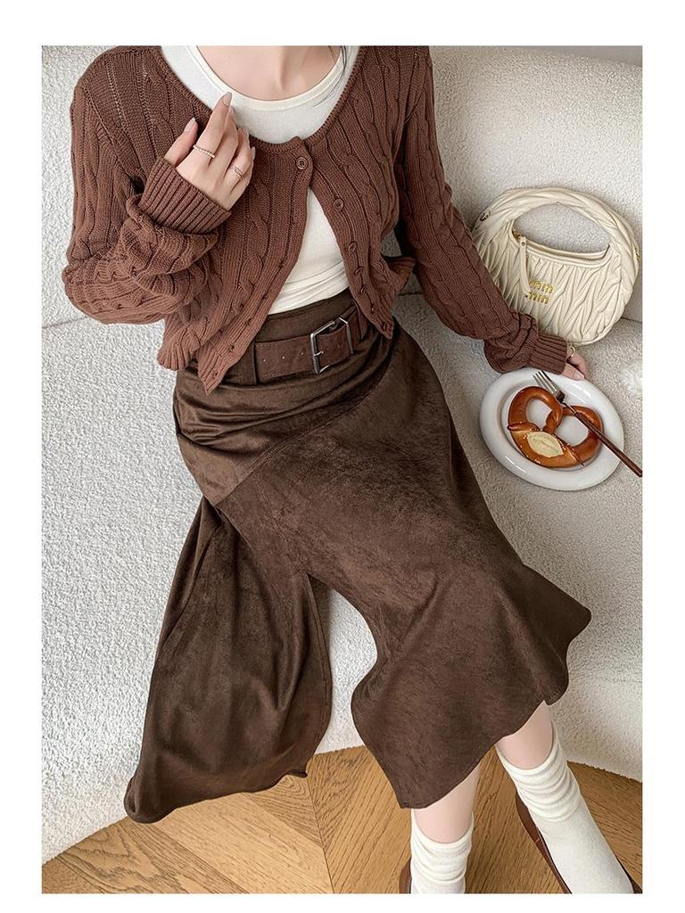 Elegant Suede Midi Skirt with Irregular Slit - Women's Autumn/Winter Fashion