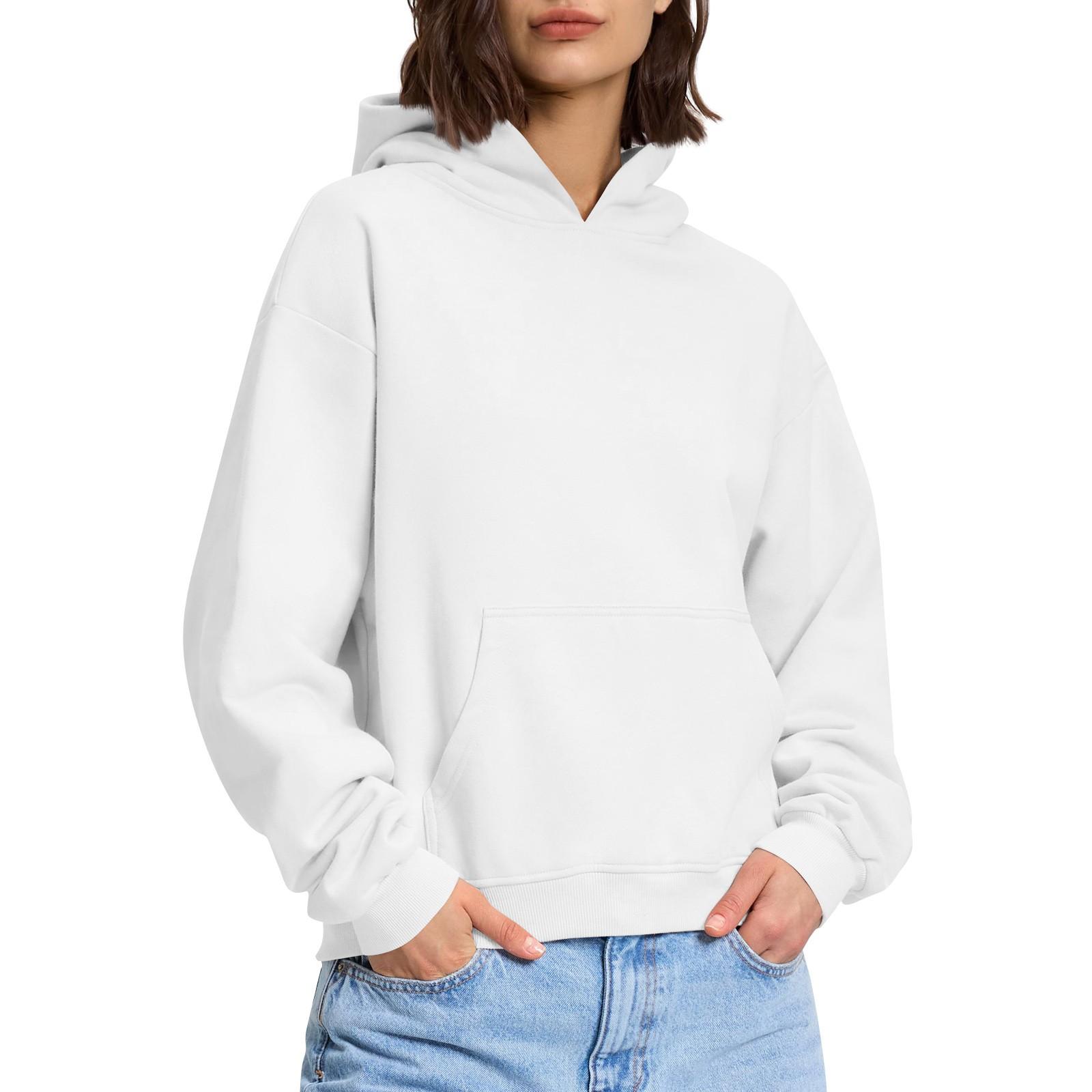 

Женская модная повседневная толстовка с длинными рукавами и круглым вырезом с капюшоном, однотонная толстовка с прошитой нитью L белый