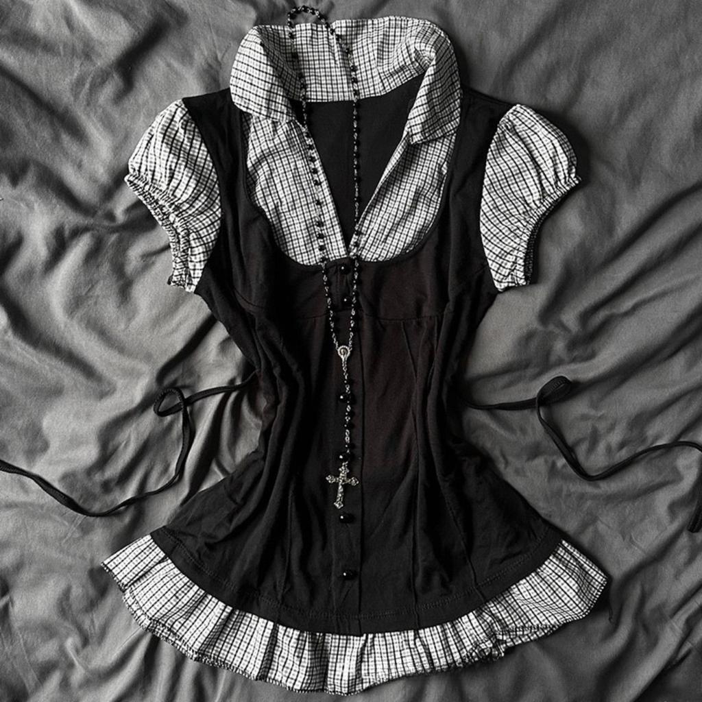 TrendHub Harajuku Dames Shirts Modieuze Casual Geruite Print Chique Emotionele Meisjes High Street Rock Gothic Dagelijkse Topjes met Korte Mouwen