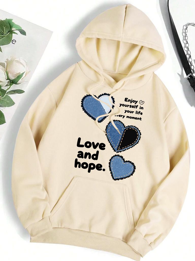 Love And Hope Blue Heart Printing Hoodie Women Multicolor All-Match Y2K Hoody Fleece Loose Hoodies Pocket Autumn Pullovers