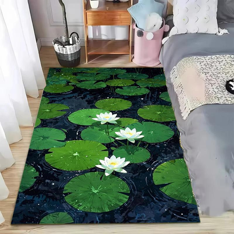 Green Lotus Leaf Area Rug Zen Floral Print Washable Non-Slip Carpet Floormat Doormat for Living Bedroom Idea for Meditation Yoga
