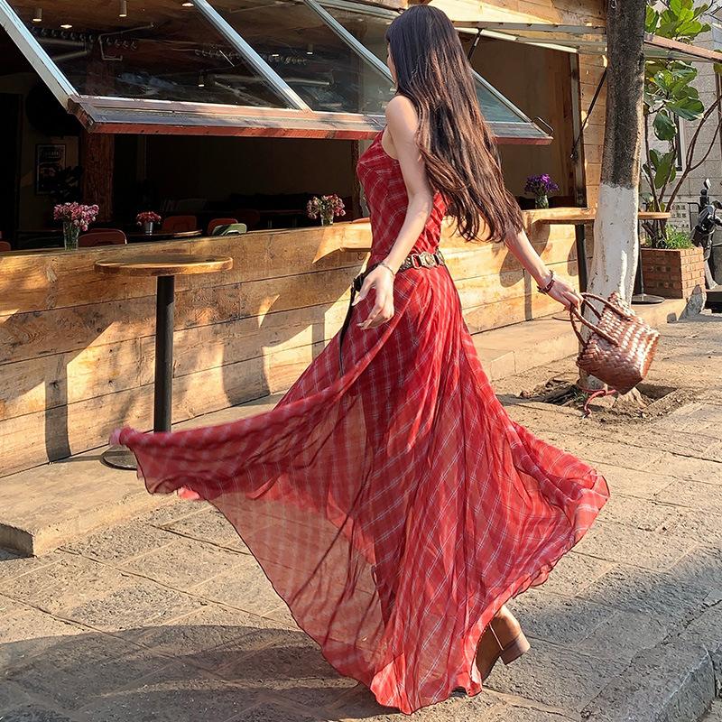 Unique and Beautiful Red Plaid Suspender Dress Summer Seaside Vacation Waist Slim Mesh Dress