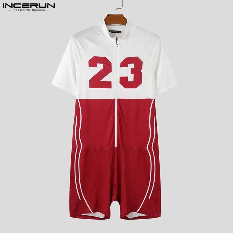 INCERUN Men Short Sleeve Letter Print Patchwork Fitted Pajamas Jumpsuits Romper Bodysuits