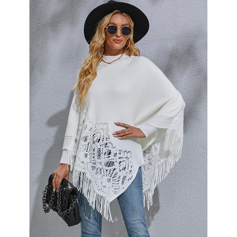 New Casual Women Shawl Fashionable Poncho Cotton Knitted Sweater Hollow Tassel Plus Size Pullover Woman