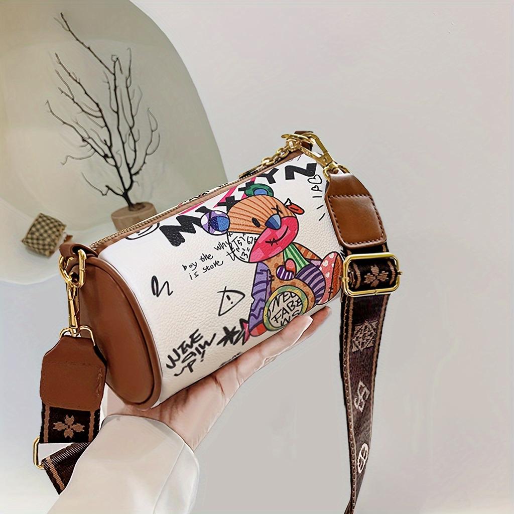 Fashion Graffiti Print Crossbody Bag, Trendy Shoulder Cylinder Bag, Women's Vintage Handbag & Barrel Purse