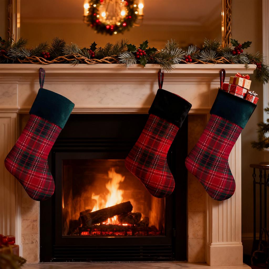 Christmas Stocking Plaid Pattern Blank Hanging Stocking with Fold Over Cuff Durable Fabric Design for Holiday Decoration