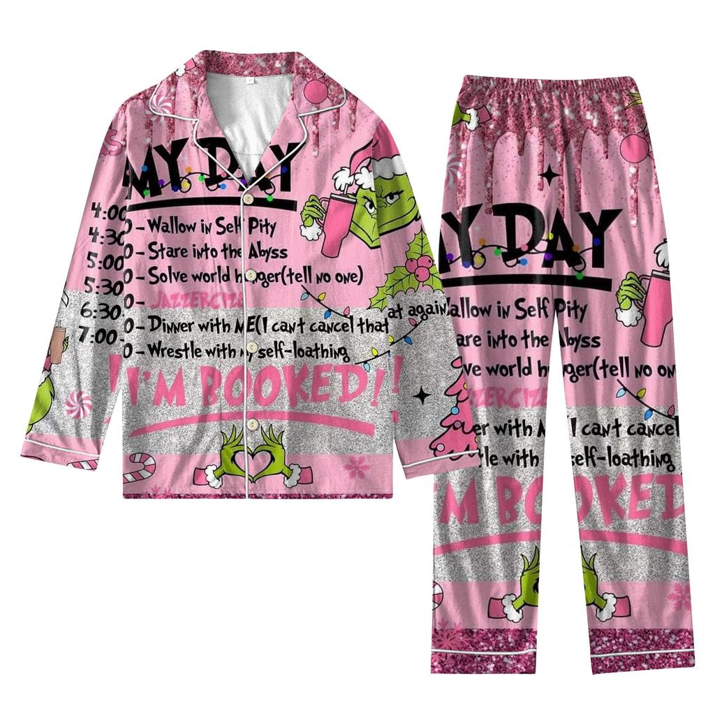 Women's 2 Piece Printed Suit Long Sleeve Button Up Top Wide Leg Pants Suit Set Pajamas Home Casual Suit