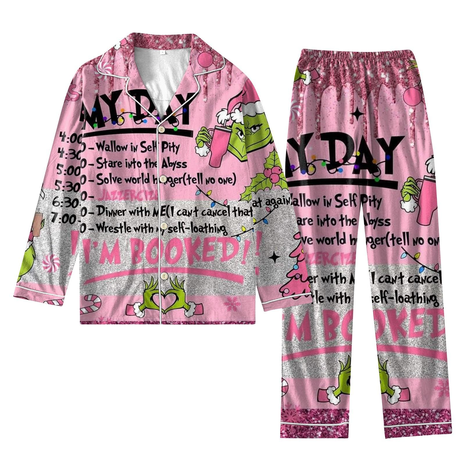 

Женский костюм из 2 предметов с принтом, топ на пуговицах с длинными рукавами, широкие брюки, комплект, пижамный домашний повседневный костюм L розовый