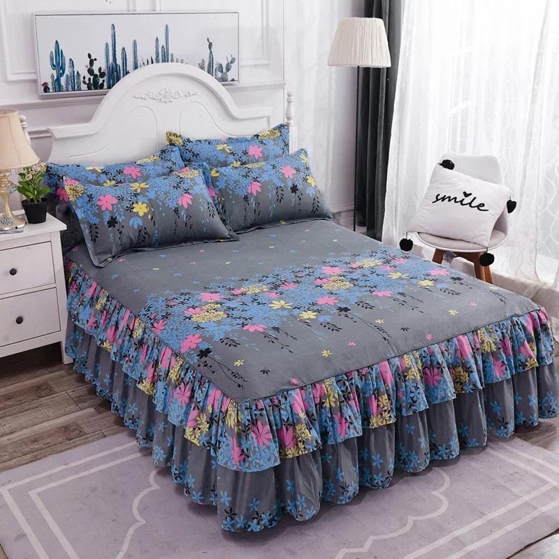 Double Layer Ruffled Bedroom Solid/Flower Pattern Cotton Bed Skirt Coverlets Elastic Tight Dust Cover Bedding