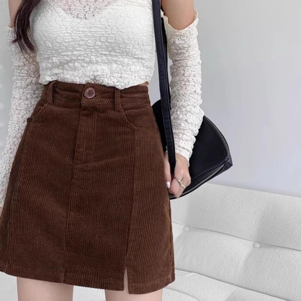 Women's Corduroy High-Waist A-line Skirt, Petite, Coffee, Plus Size, Hip-Hugging, Autumn/Winter 2026.