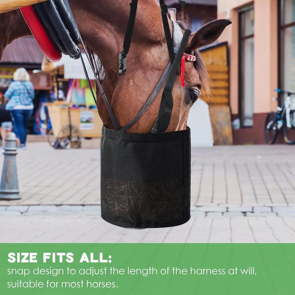 Horse Hay Feeding Bag Neck Hanging Adjustable Slow Feeder Cow Sheep Straw Bag Portable Outdoor Livestock Feed Net Holder