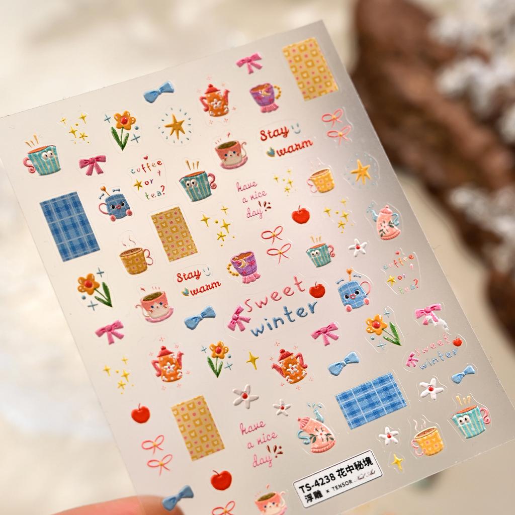 5D Pink Blue Bear Dessert Cake Pudding Candy Cane English Slogan Nail Art Stickers Cute Baby Bear Party Embossed Decals