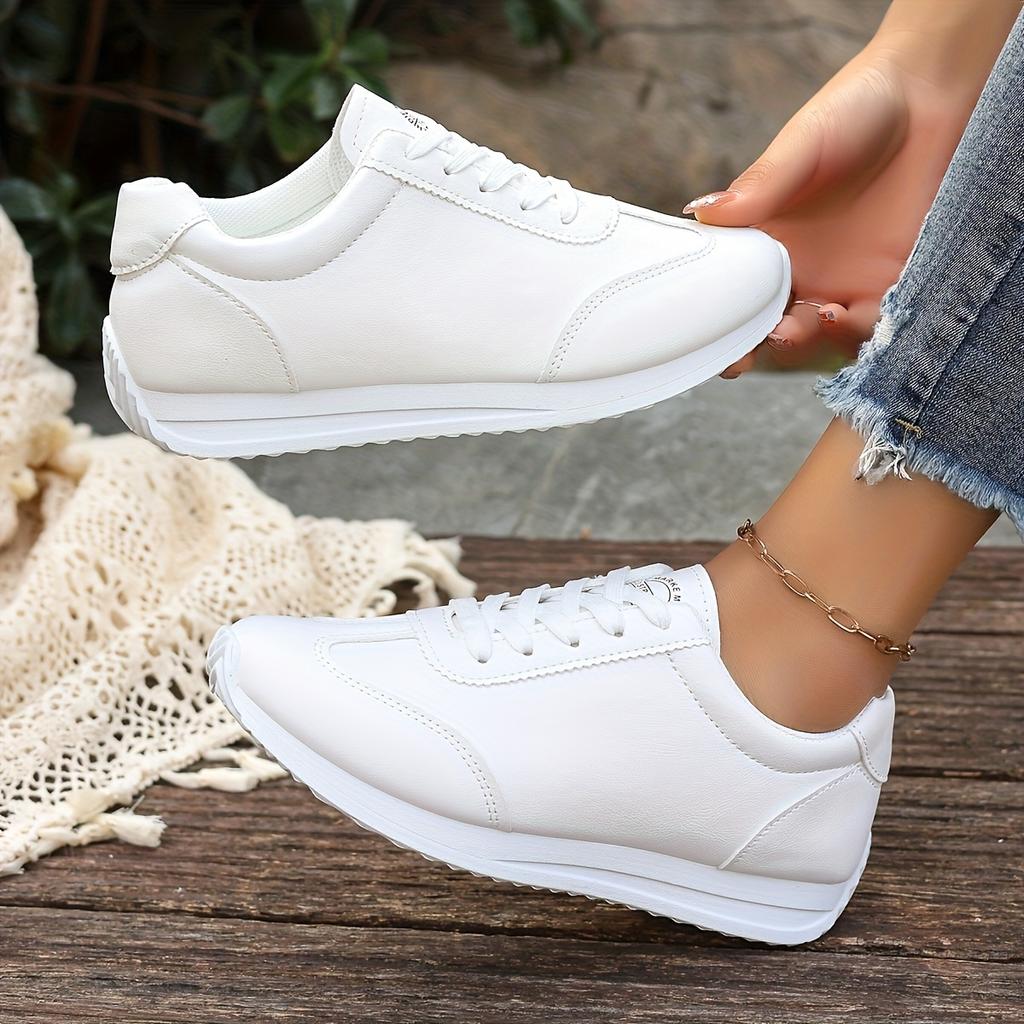 Women's Low-Top Sneakers Striped Sole White Sneakers Casual Outfits - Sporty Lace-Up Shoes with Fabric Upper Women Shoes