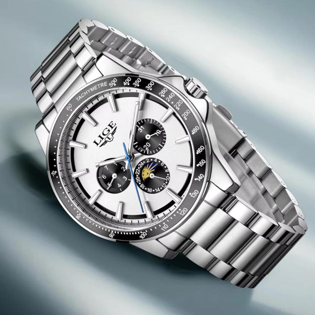 LIGE Unique Dial Quartz Man Watch Stainless Steel Business Luxury Clocks 24-Hour Moon Phase Waterproof Date Week Watches