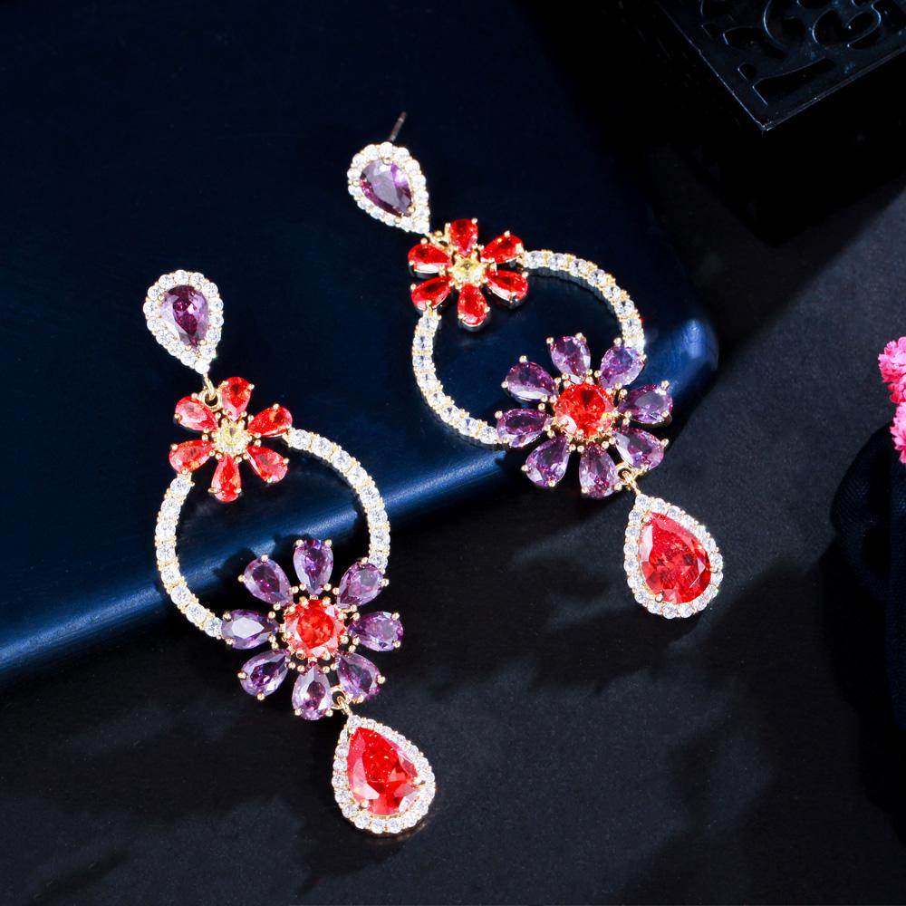 CMM Party Jewelry Golden Color Cubic Zirconia Flower Drop Earrings
