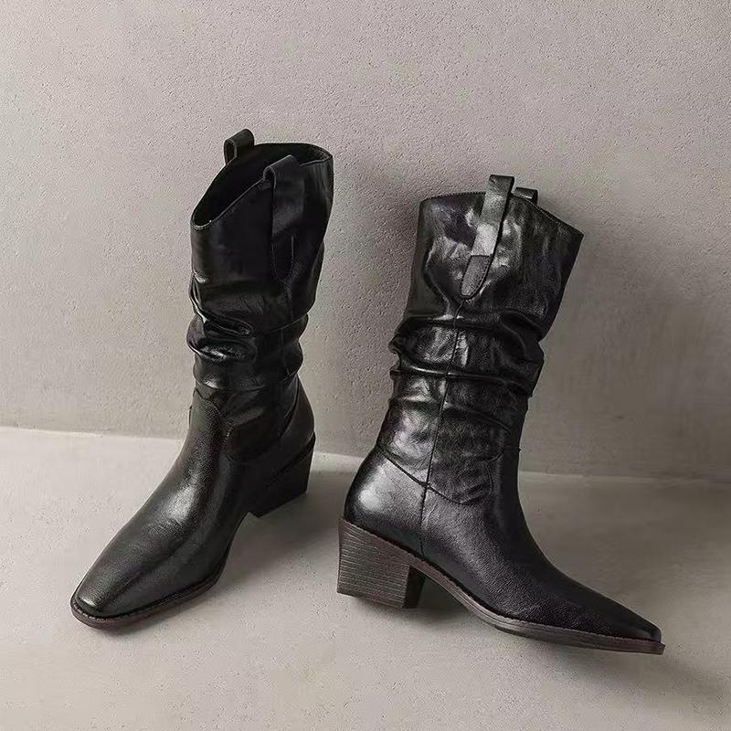 Fashion Retro Brown Pu Western Cowboy Boots Women 2025 Winter Sexy Pointed Toe Thick Heel Black Ankle Boots Designer Y2K Shoes Plus Size