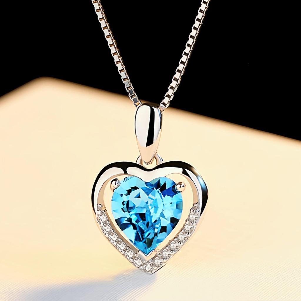 Korean Style Heart-Shaped Blue Crystal Necklace with Peach Heart Pendant