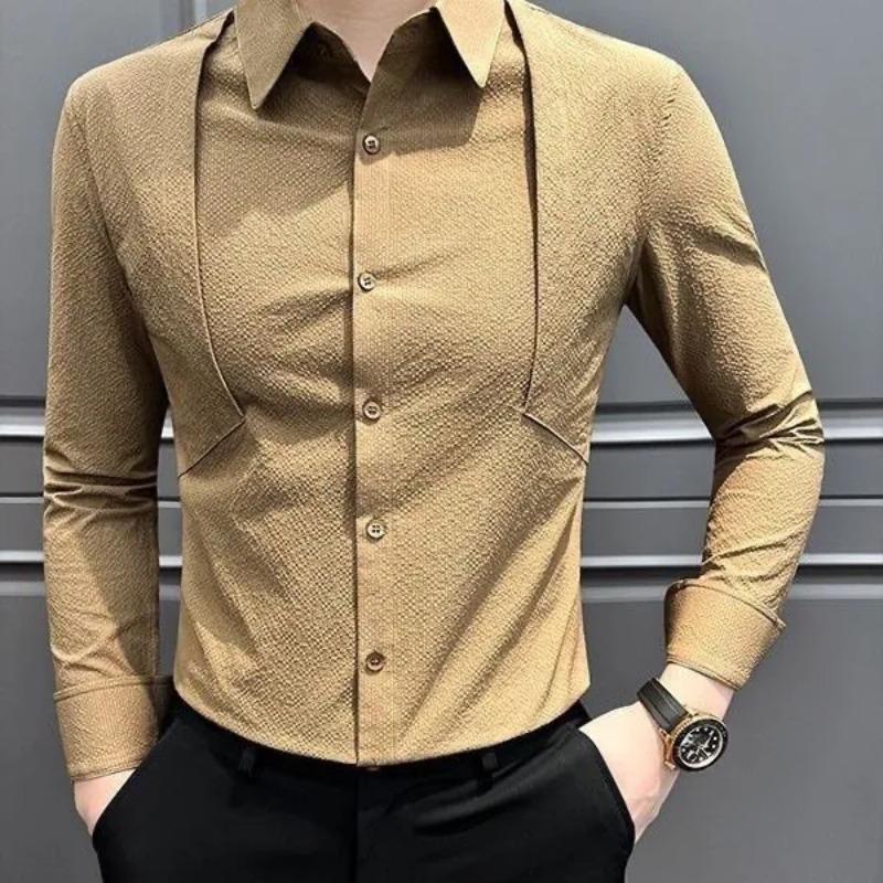 

Men s Solid Color Long Sleeve Button-Down Shirt with Decorative Cutout M хаки