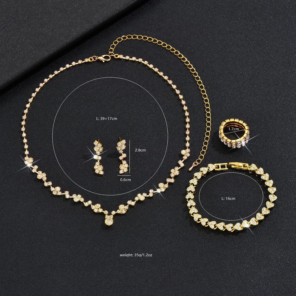 2024 Fashion Bridal Accessories Set: Gold Rhinestone Necklace, Earrings, Bracelet, and Ring