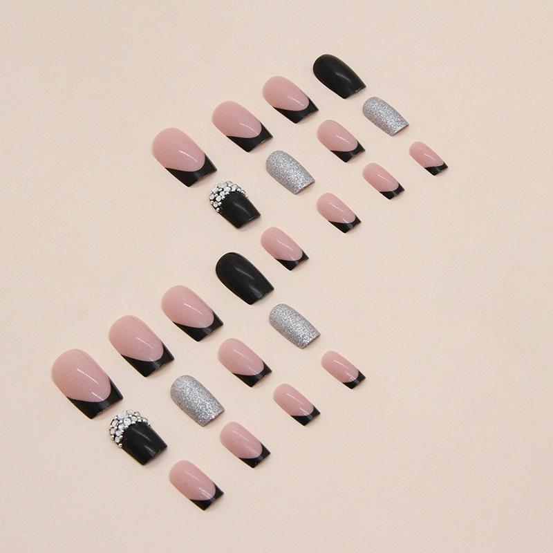 Medium and Long European Square Sweet Cool Black French Solid Color Manicure Flash Silver Powder Spice Girl Diamond Wearing Nail Piece