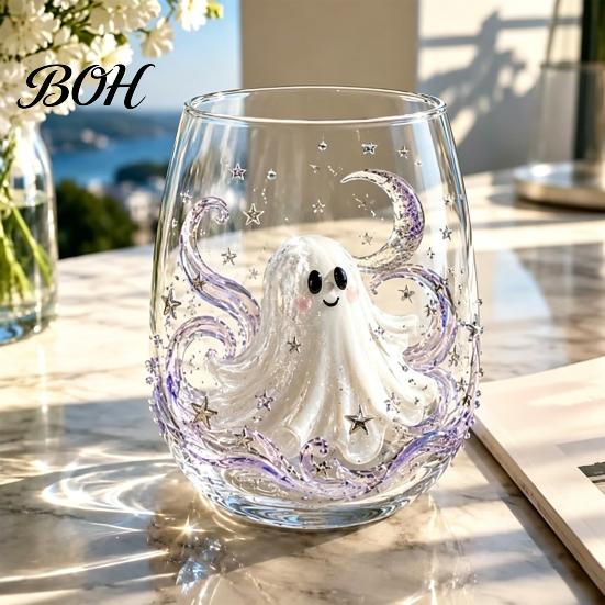 Modern Glass Tumbler Halloween Artisan Glassware, Stemless Drinking Glasses with Raised Pumpkin Ghost Black Cat Web Large Capacity Beverage