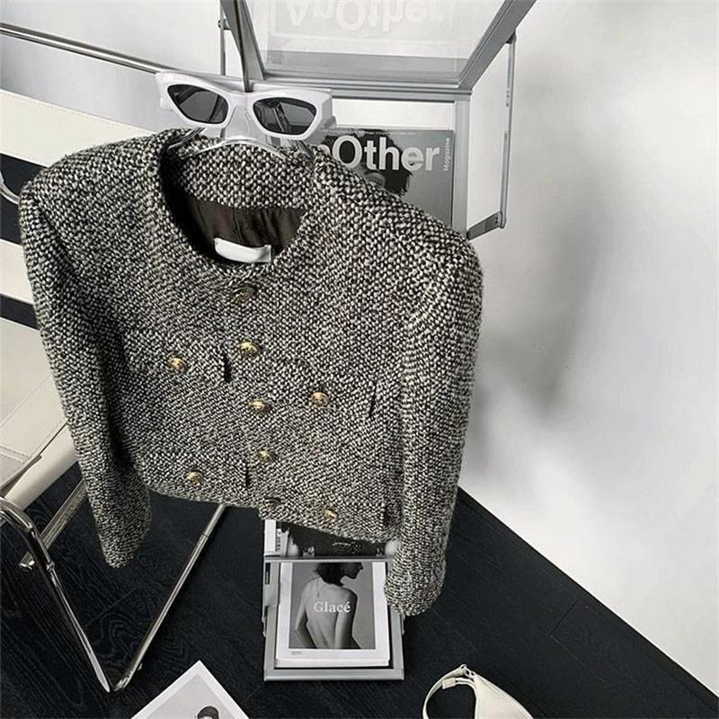 Coarse Tweed Small Fragrant Jacket for Women's Single Breasted Short Top Suit Jacket Female Wool Coat Lady Pocket Outwear Black